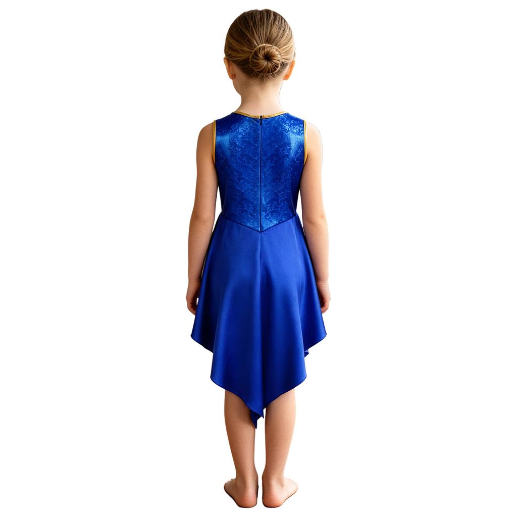 Girls Liturgical Dance Dress Sleeveless Metallic Bodice Color Block with Back Zipper and Asymmetrical Satin Hem for Praise Worship Service