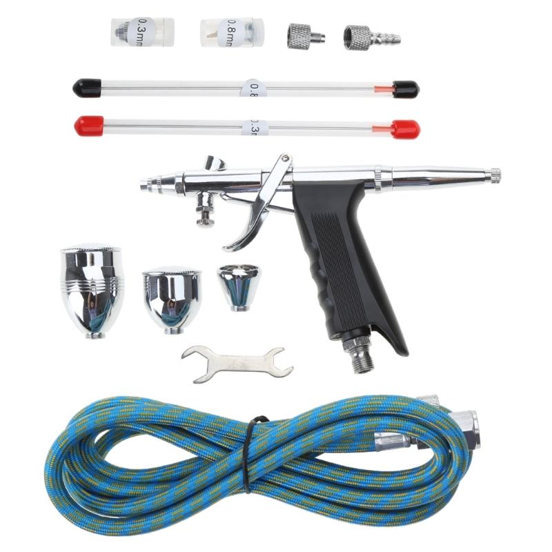 Airbrush Kit Airbrush Guns Single Action Gravity Feed Set 0.38 & 0.5mm Needles 1/2 & 1/4OZ Fluid Cup Multi-Purpose