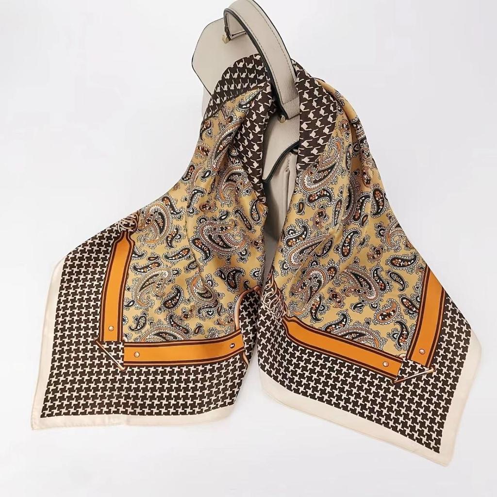 Retro Houndstooth & Paisley Imitation Silk Ladies Scarf, Smooth Satin for Women, Perfect as Necktie, Headband, Bag Accessory