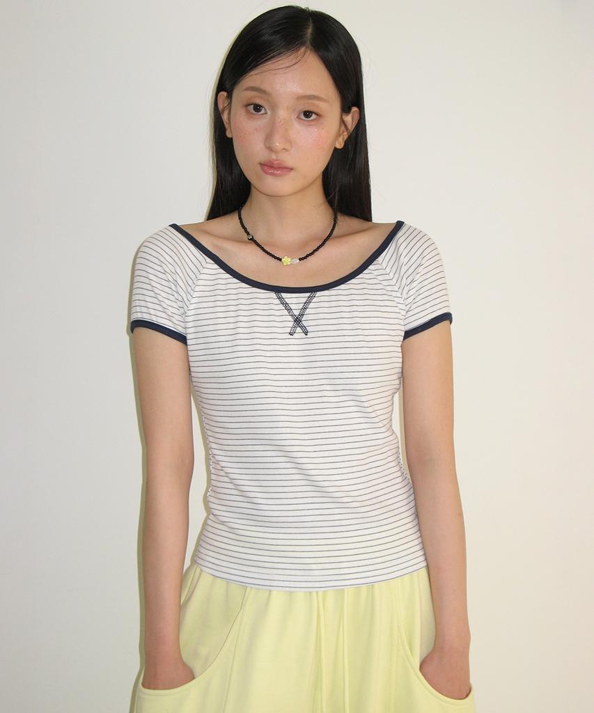 RONRON Stitch Stripe Off Shoulder T Shirt White