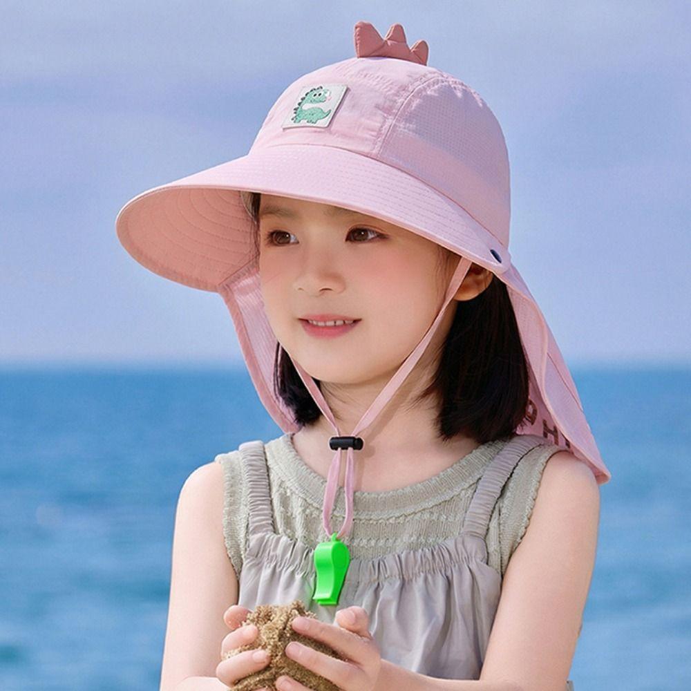 Big Brim Children'S Sun Hat Extended Shawl Foldable Whistle Sunscreen Hat Thin Breathable Cartoon Fisherman Hat Spring