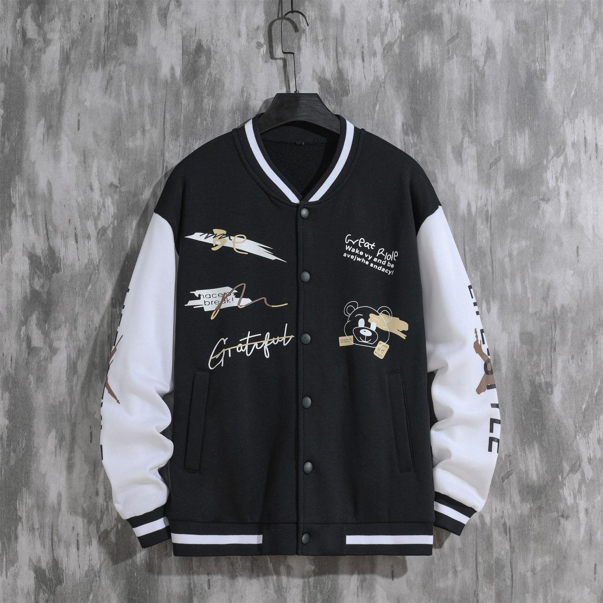 

Мужская весенне-осенняя куртка, крутая уличная мода для мальчиков, бейсбольная форма с забавным принтом, уличная одежда в стиле хип-хоп, повседневное пальто на пуговицах S чёрный