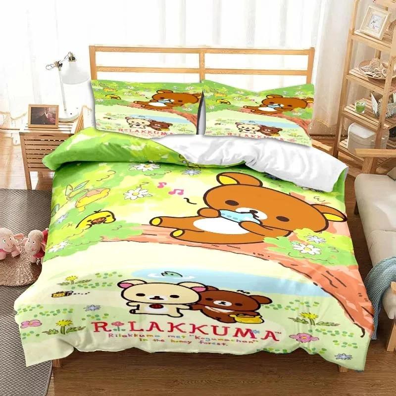 3dCartoon Rilakkuma Ayı Yatak Takımı Yorgan Kılıfı Yatak Takımı Yorgan Kılıfı Yastık Kılıfı Yorgan King Queen Boy Erkek Çocuk Yetişkin Yatak Takımı