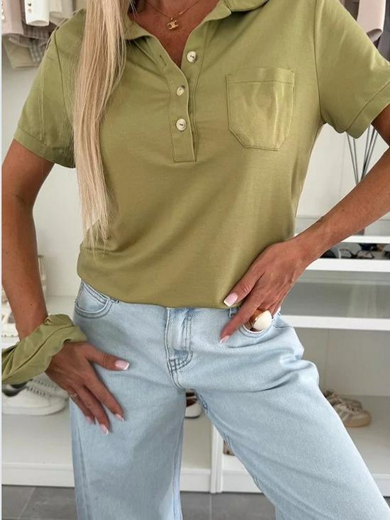 2025 Urban Casual Women's Lapel Solid Color Pocket Short Sleeve T-shirt