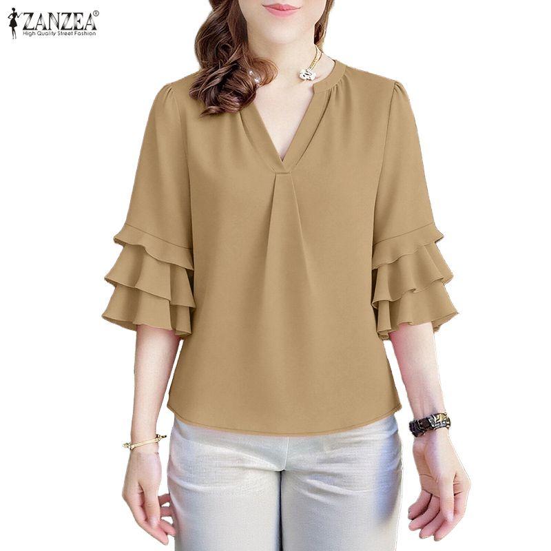 ZANZEA Women Casual V-Neck Ruffles Half Sleeve Loose Blouse