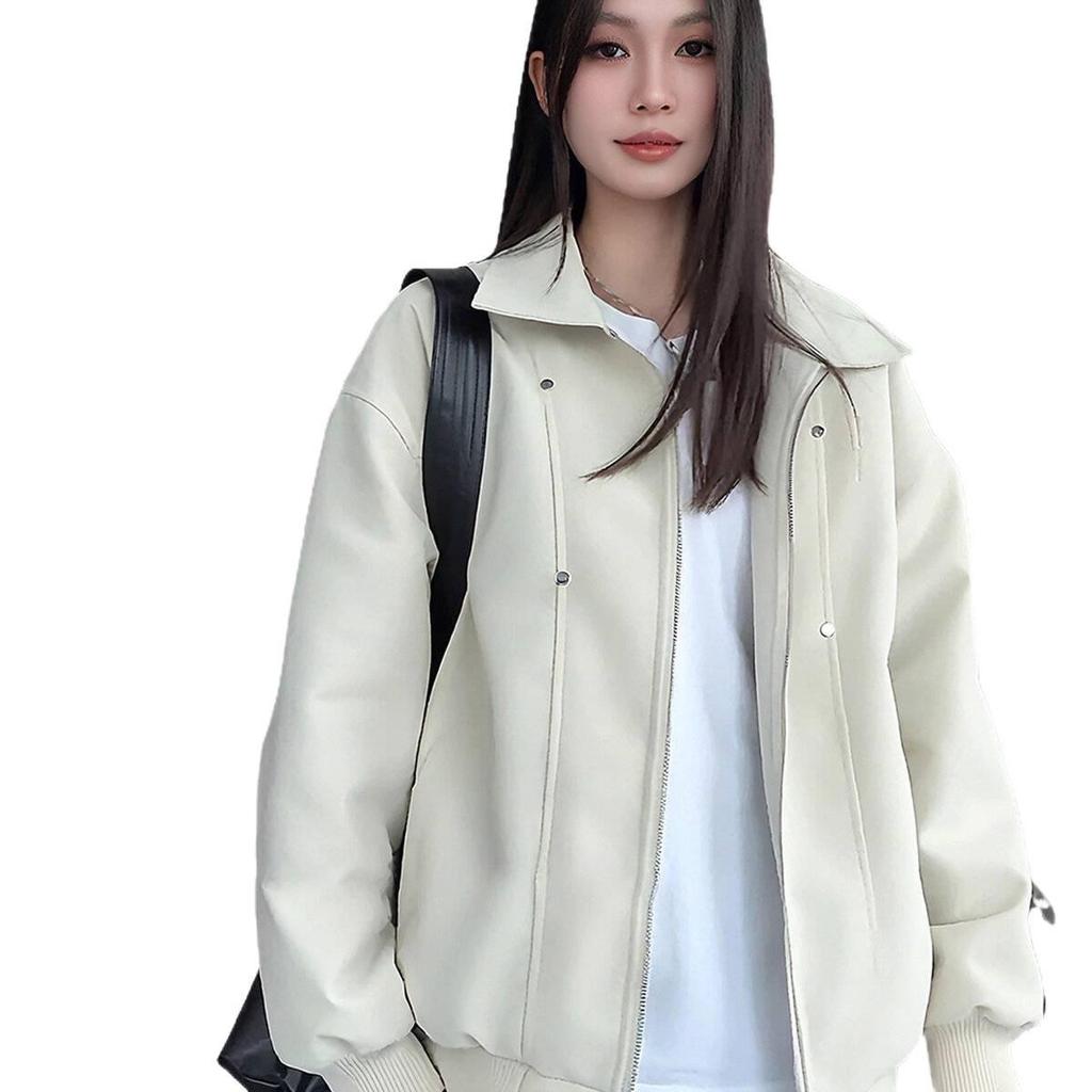 Off-White PU Leather Padded Men's Autumn Winter Motorcycle Jacket, Thickened Cotton Baseball Style for Couples