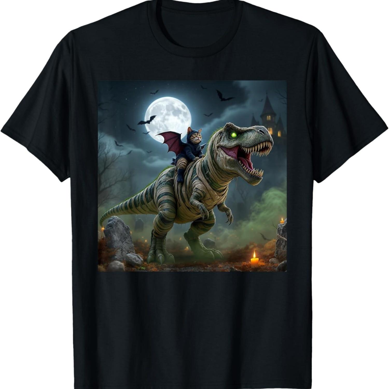 Funny Cat Bat Riding a T-Rex Cute Halloween Meme T-Shirt S