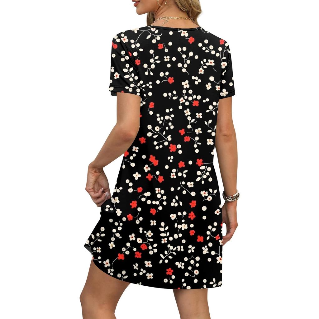 Dammode Casual Tryckt Med Fickor Bohemisk Strand V-ringad Kortärmad Klänningar