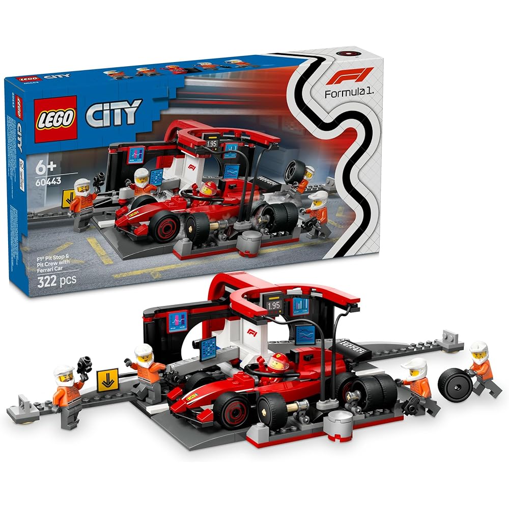 LEGO City F1 Ferrari Race Car Pit Stop Toy Building Set for Kids Ages 6-9, Educational Block Vehicle Model 60443