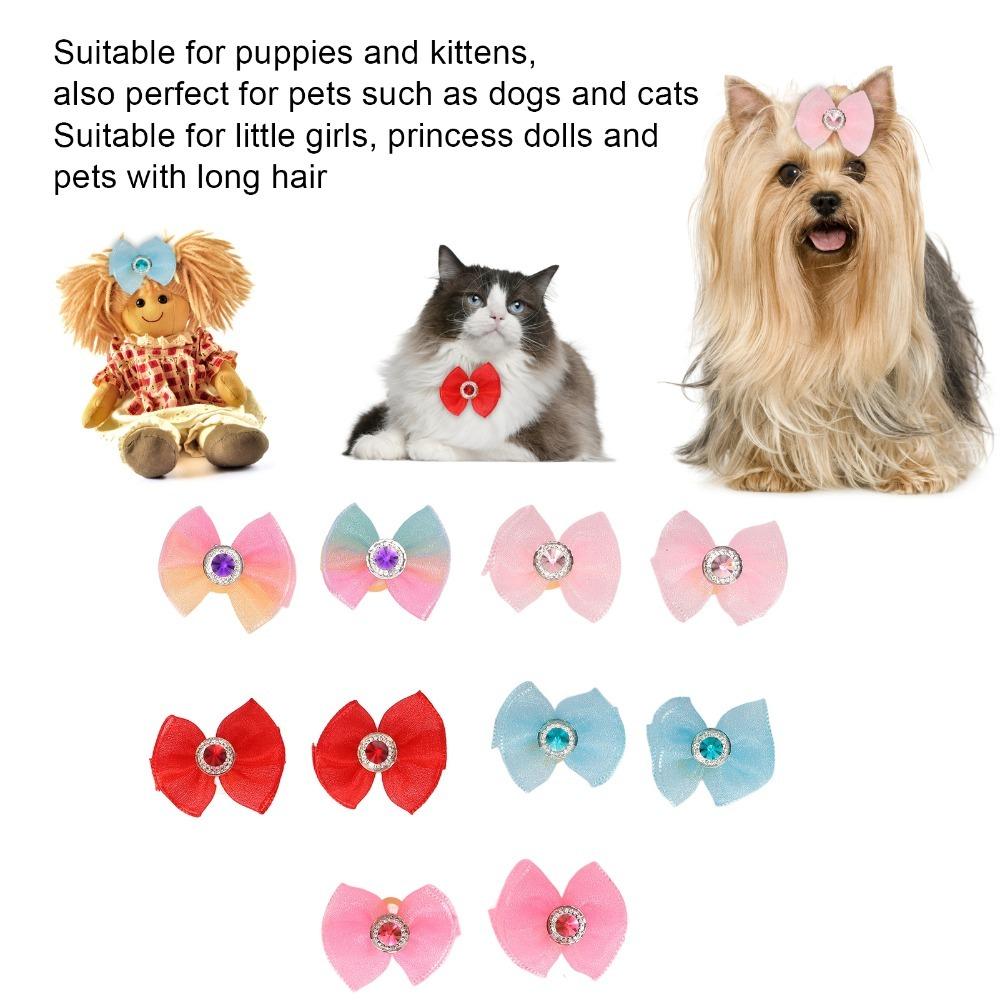 20pcs Organza Ribbon Dog Bow Hair Ties Rhinestone Inlay Pet Bow Rubber Bands Dog Beauty Styling