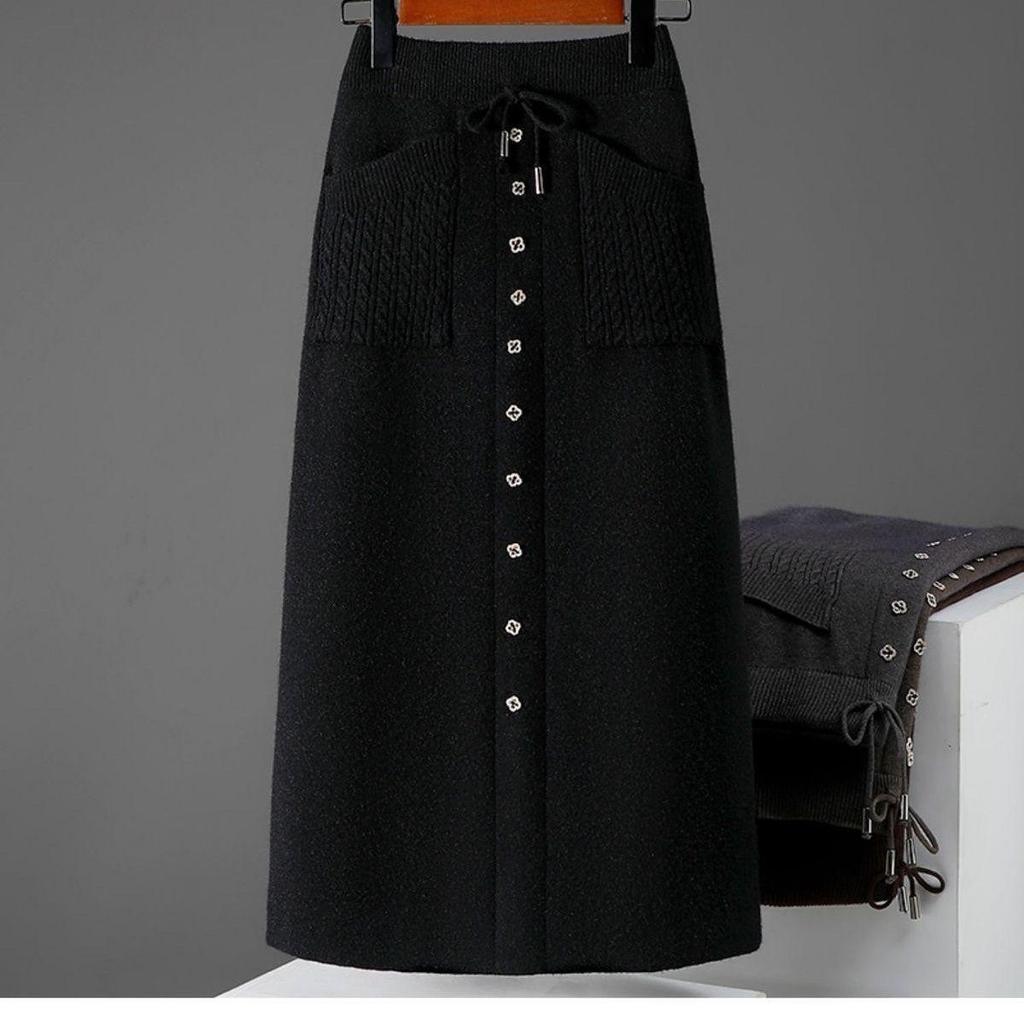 Elegant High Waist Knitted Wool A-line Skirt for Women - Slimming Mid-length, Petite Fit, Autumn/Winter Style