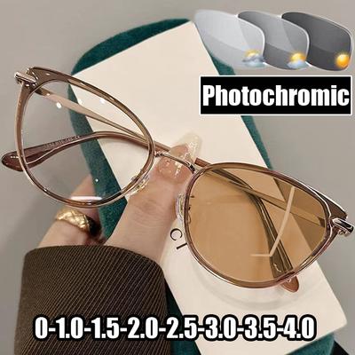 Occhiali da Sole Fotocromatici Intelligenti Anti-UV per Donna Uomo Montatura Lusso Occhio di Gatto Finitura Lenti Graduate Negative Diottria 0-1.5