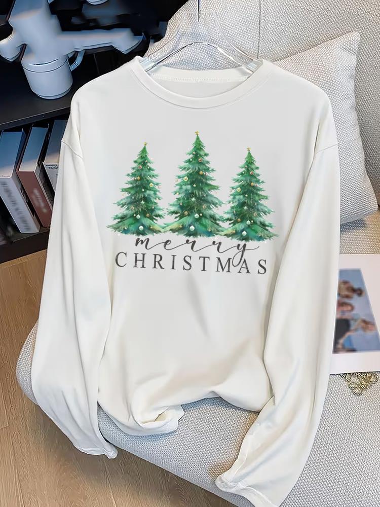 (Asian Size) Lovely Tree Print T Shirt Christmas New Year Graphic Tee Women Autumn Winter Casual Fashion Top Clothing Long Sleeve T-shirts