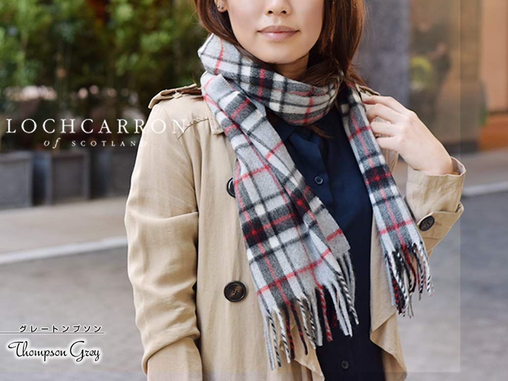 Lochcarron Cashmere Tartan Check Scarf Made in UK 100% (Grey Thompson) Scotland,