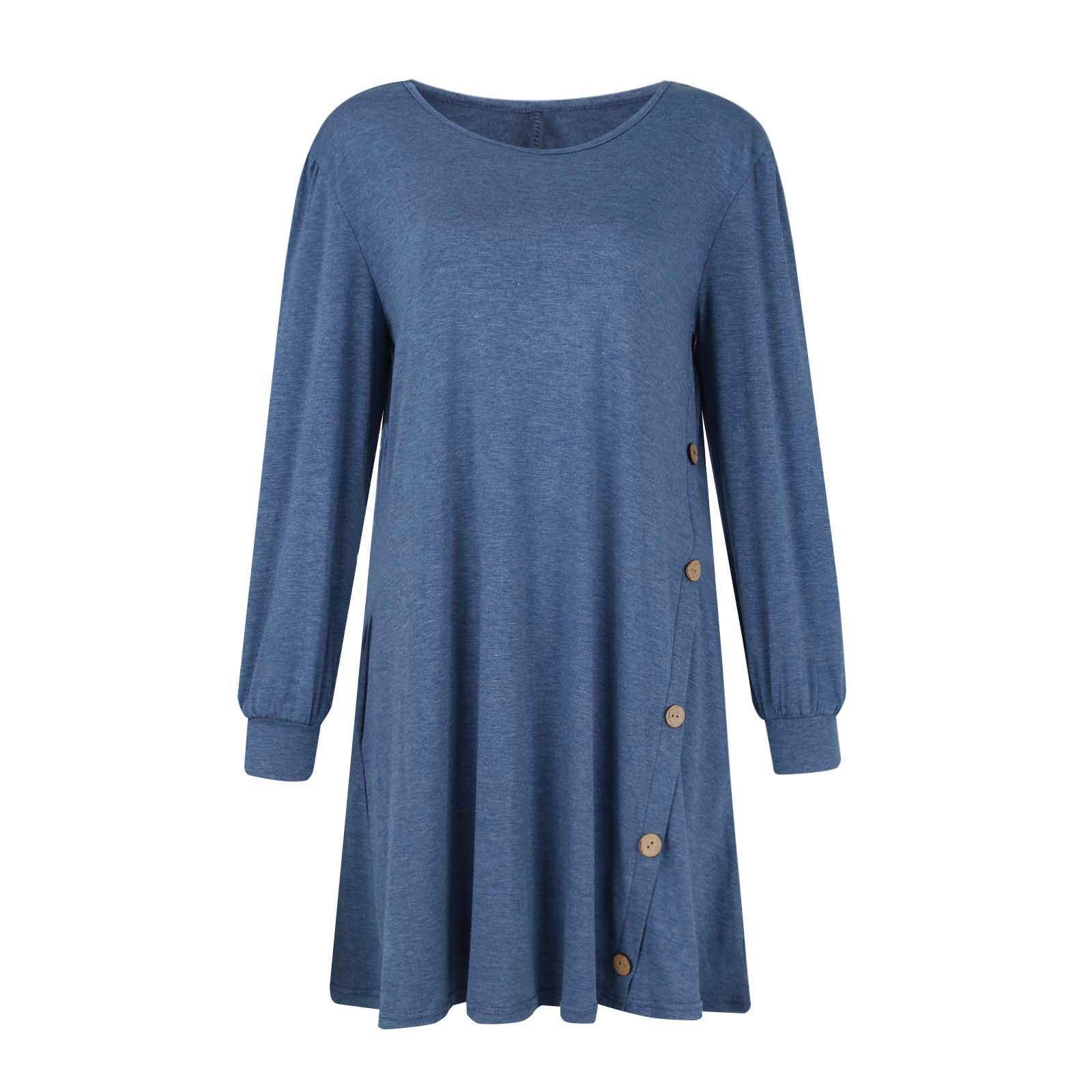 Модное женское повседневное свободное платье с круглым вырезом и пуговицами с длинным — фото 3