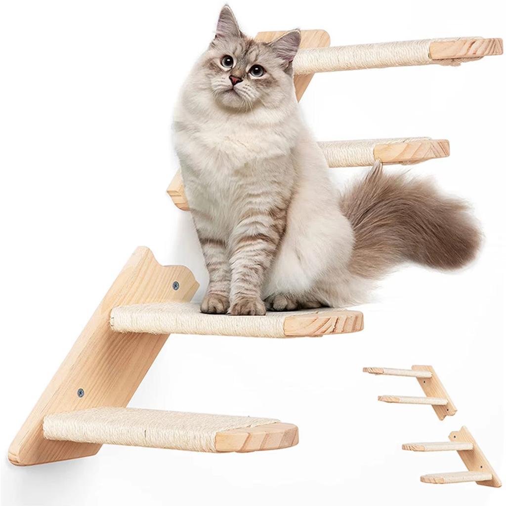 Four-tier solid wood cat staircase with wall-mounted climbing ladder and perch wall-mounted toy saves floor space