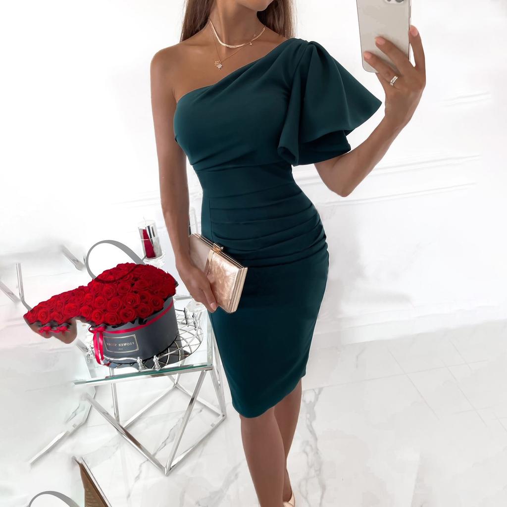 Women's Short Sleeve Midi Color Sexy Slanted Shoulder Slim Fit Pleated Hip Dress