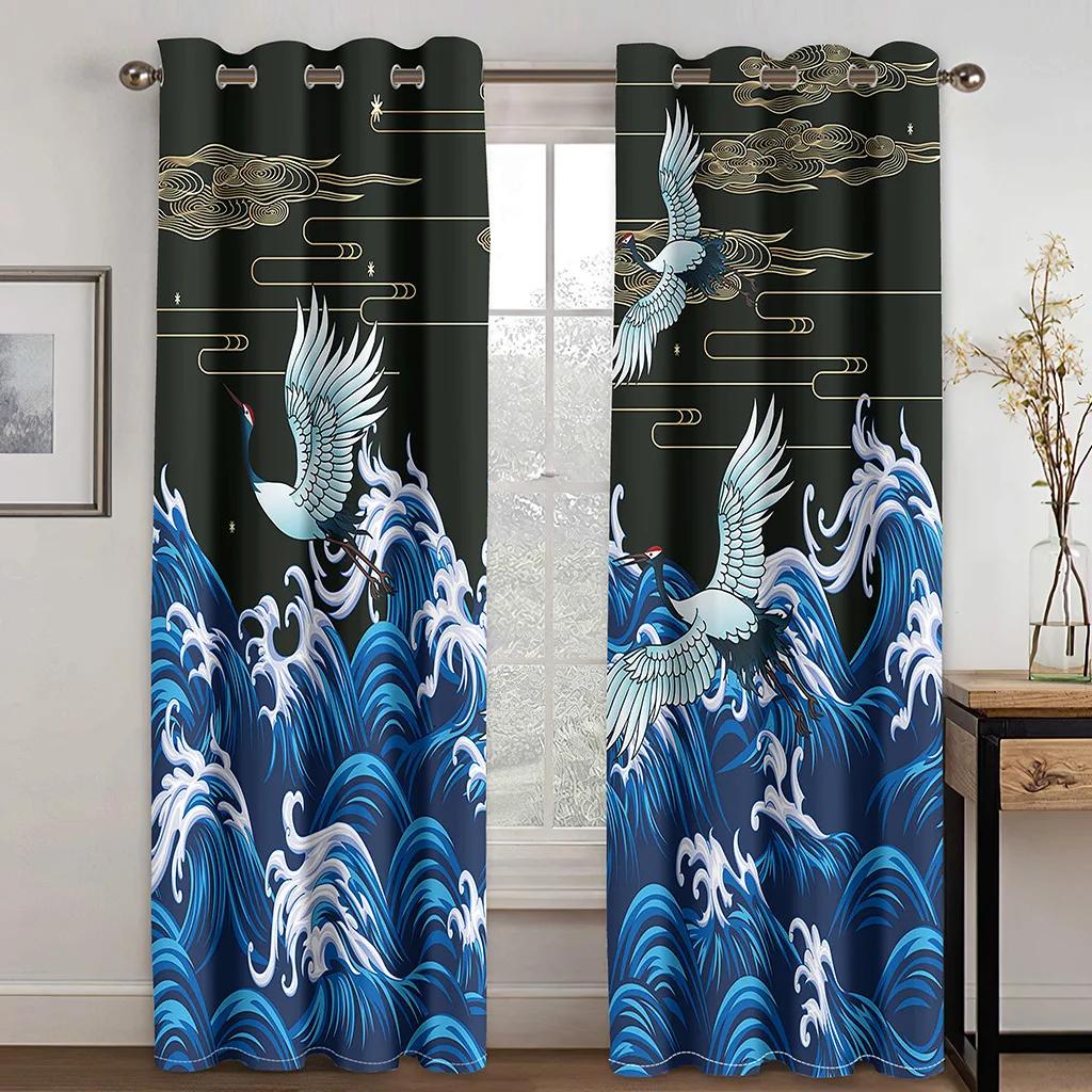 Japanese Style Wave Sun Samurai Manga Caricature Animation Light Filtering Drapes 2 Panelss Thin Window Drapes For Bedroom Space Living Space