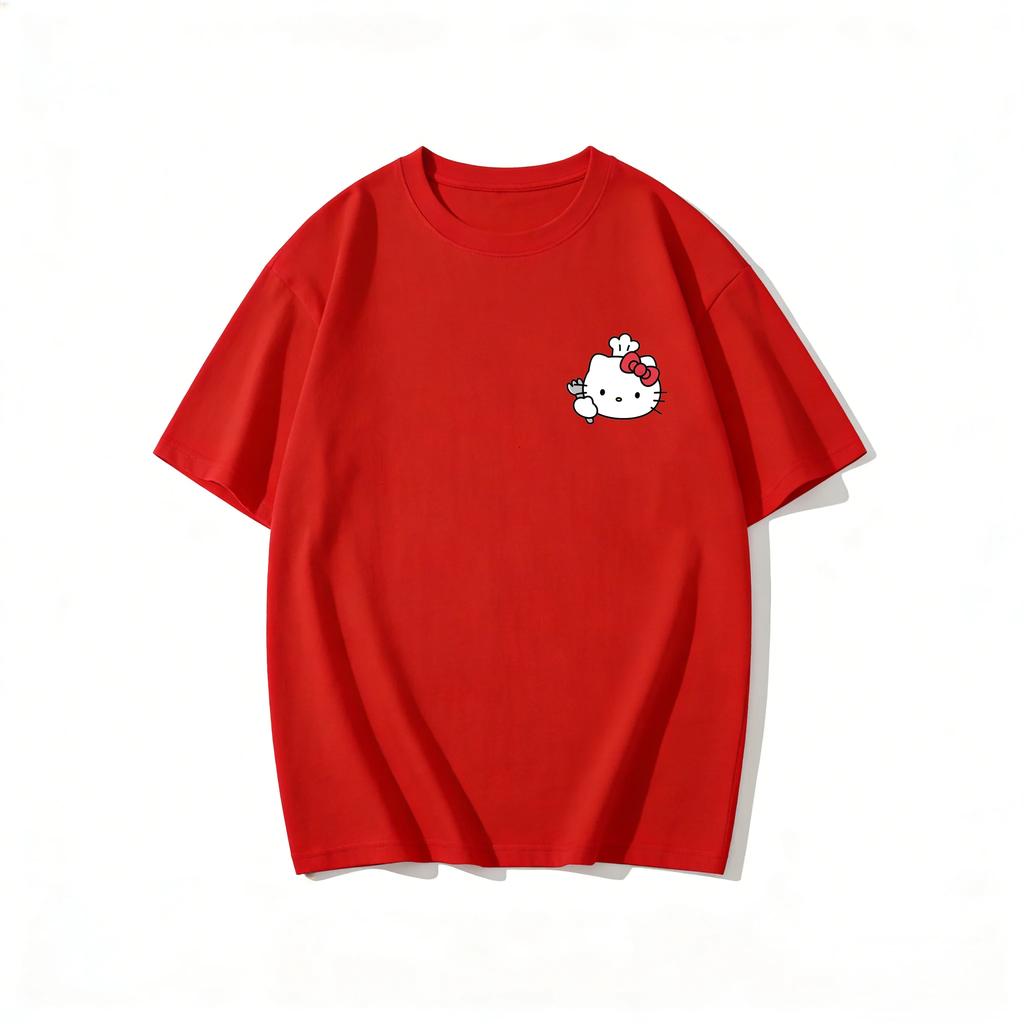 Womens 2026 New Hello Kitty Cartoon Printed Pure Cotton Womens Short Sleeved Tshirt Casual Trend Round Neck Womens Tshirt