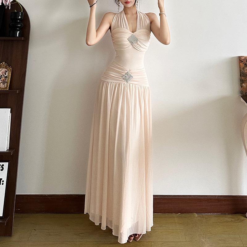 Spring New Women's Clothing Low-cut Design Elegant and Elegant Solid Color Fashionable Versatile Dress