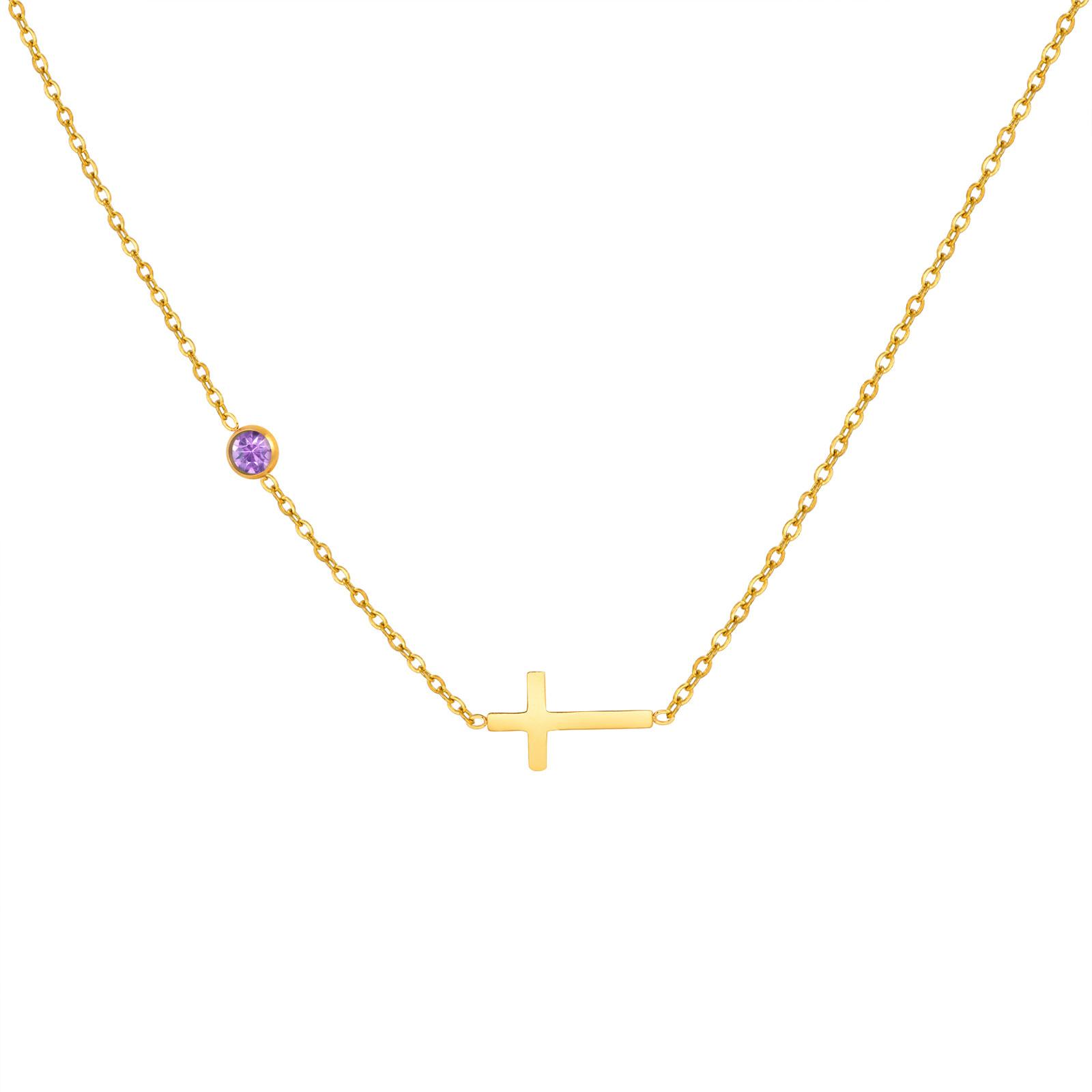 Stainless Steel Birthstone Cross Pendant Necklace for Women, Sideway Zirconia Chain Necklace Christmas Baptism Jewelry