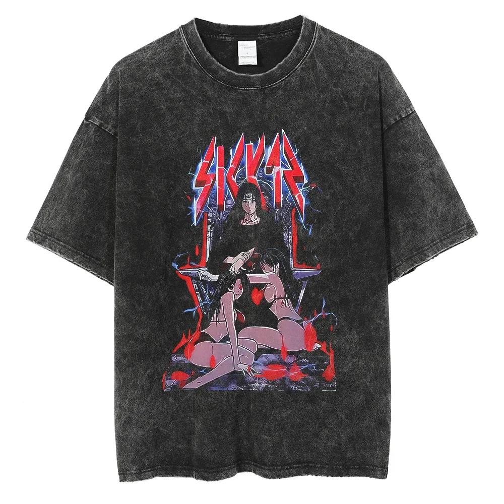 Men Streetwear Tshirt Japanese Anime Naruto Graphic TShirt Cotton Harajuku Washed T Shirt Summer Hip Hop Tops Tees Black
