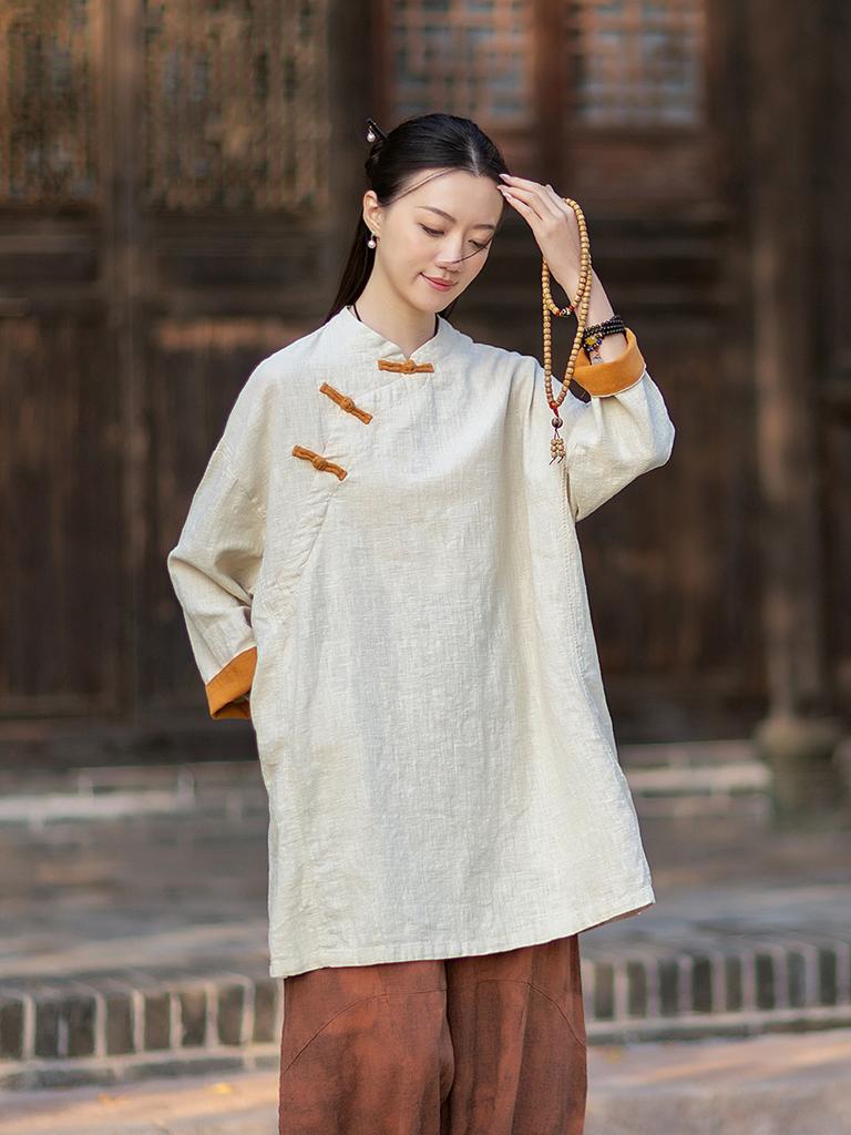 Johnature Women Vintage Shirts Tops Button Spring Chinese Style Solid Color Stand Long Sleeve Blouses