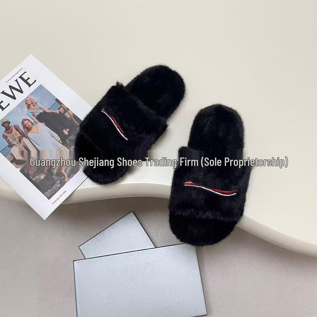 2024 Women's Embroidered Lambswool Slippers - Paris One-Word Furry Style, Unisex Design