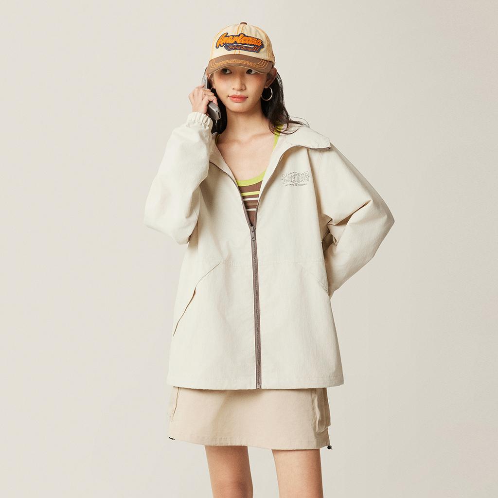 Li Ning Sports Lifestyle Series High Street American Vintage Cardigan Long Sleeve Windbreaker Loose Coat Unisex Outerwear Sand-Khaki AFDV445-4