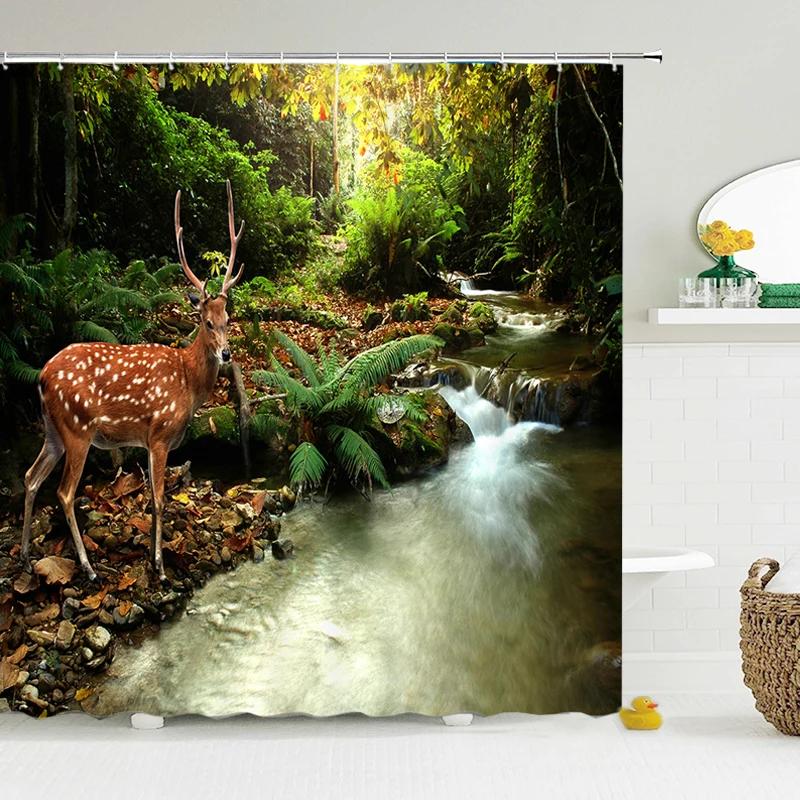 Green Scenery Shower Curtain with Hooks, Waterproof Bathroom Partition, Weighted Bottom Reinforced Eyelets & Easy To Clean