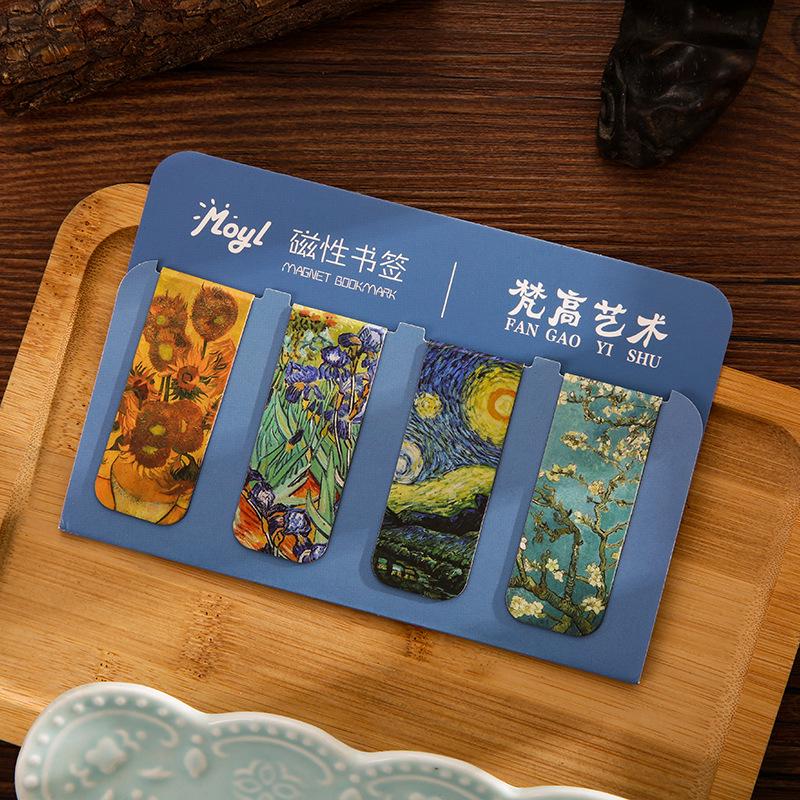 Set of 4 Magnetic Bookmarks: Van Gogh, Mucha, Monet, Ukiyo-e Art Clips & Fresh Refrigerator Magnets