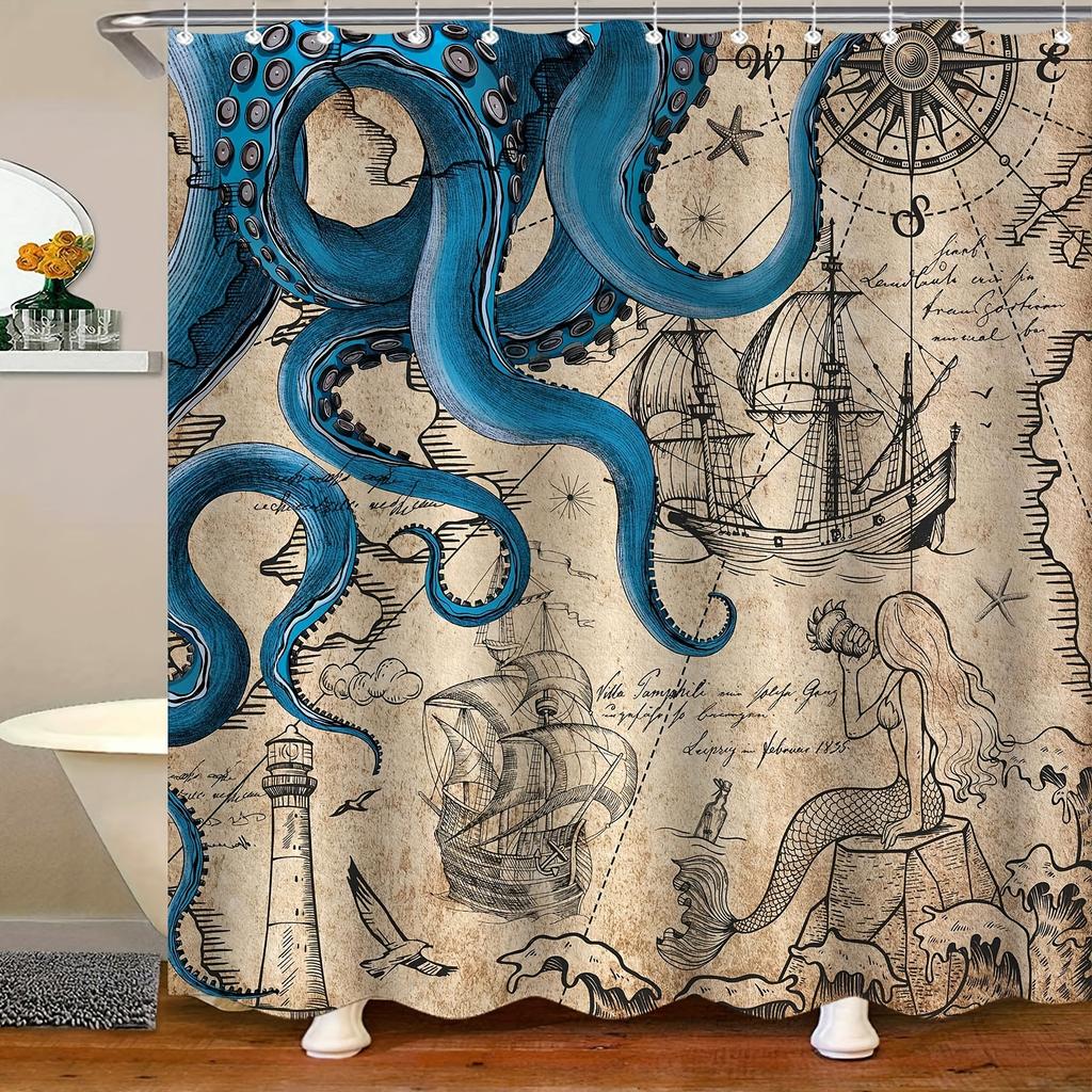Navy Blue Waterproof Shower Curtain - Vintage Nautical Octopus, Mermaid, Kraken, Anchor Map Ocean Theme Bath Curtain Decor