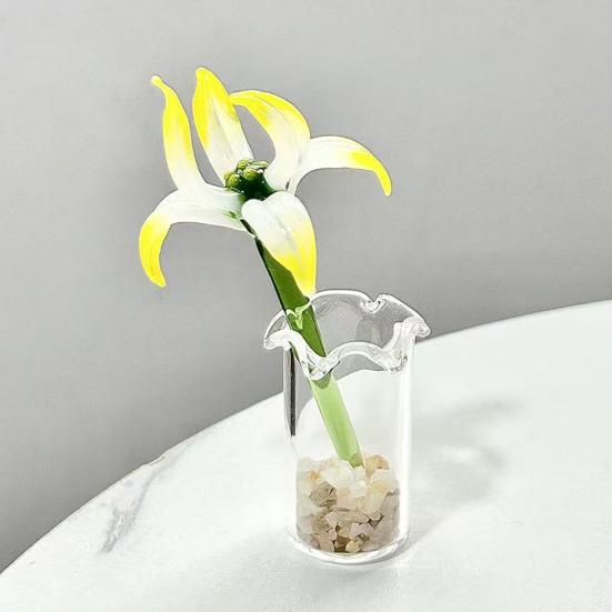 Ručně vyrobená skleněná dekorace z orchideje, ručně foukaná mini květinová ozdoba se stonkem, barevná květní figurka do domácnosti, kanceláře, interiéru...