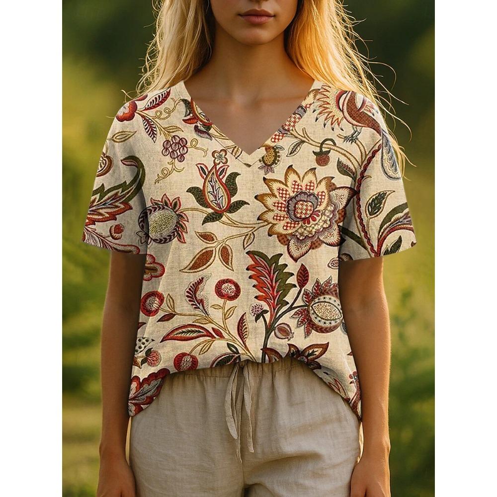 

Summer T-shirt Floral Pattern Bohemian Style Casual Short-sleeved V-neck Loose Women s Clothing XXXL