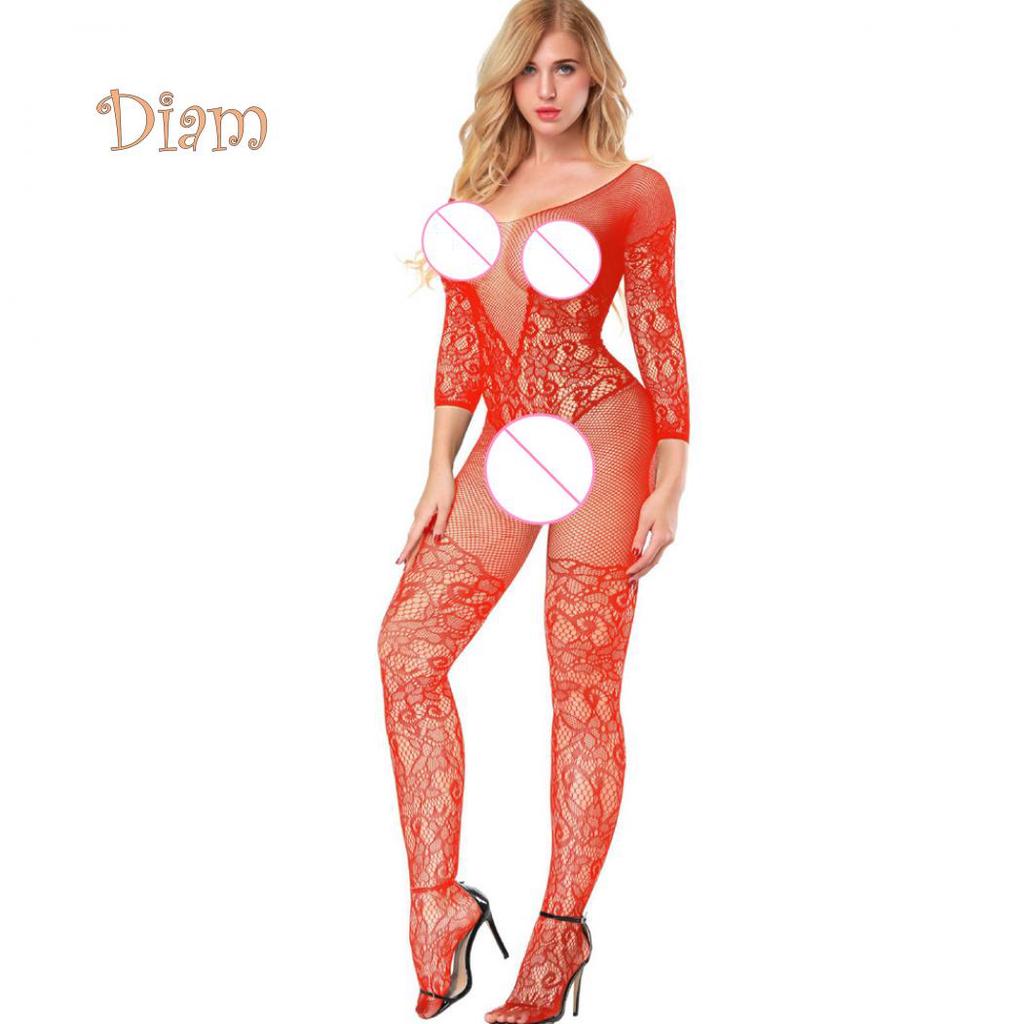 Lollipops Embroidery Hollow Mesh Crotchless Women Bodystocking Sexy See-through Bodysuit