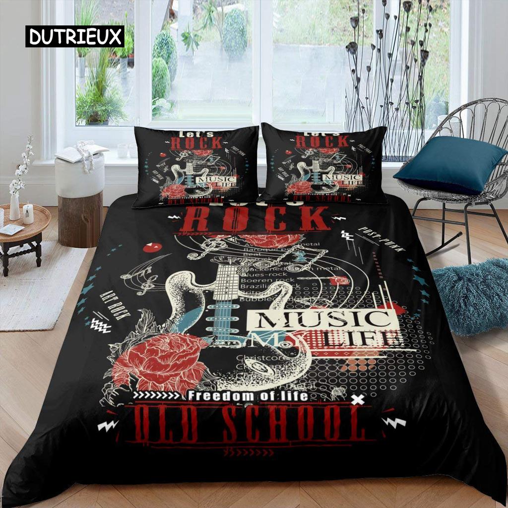 Rock Music Duvet Cover King Jazz Music Bedding Set for Teens Hip Hop Graffiti Comforter Cover Music Notes Polyester Quilt Cover