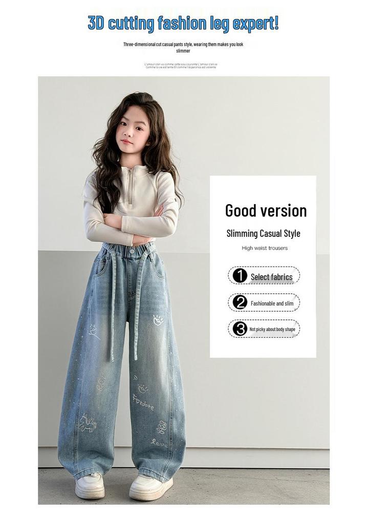 Nuovi Pantaloni Jeans Larghi a Gamba Larga Stampati Stile Coreano da Ragazza 2026