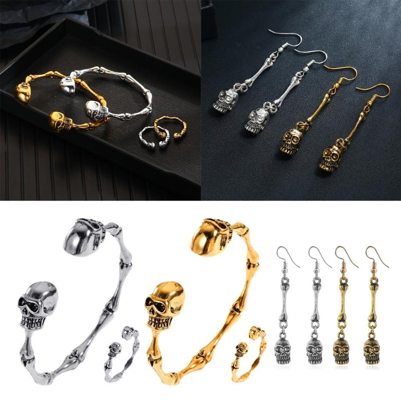 Fashionable Skull Bracelet Ring Earrings Handmade Jewellery Set Unisex Jewelry Fashion Accessories for Women and Men