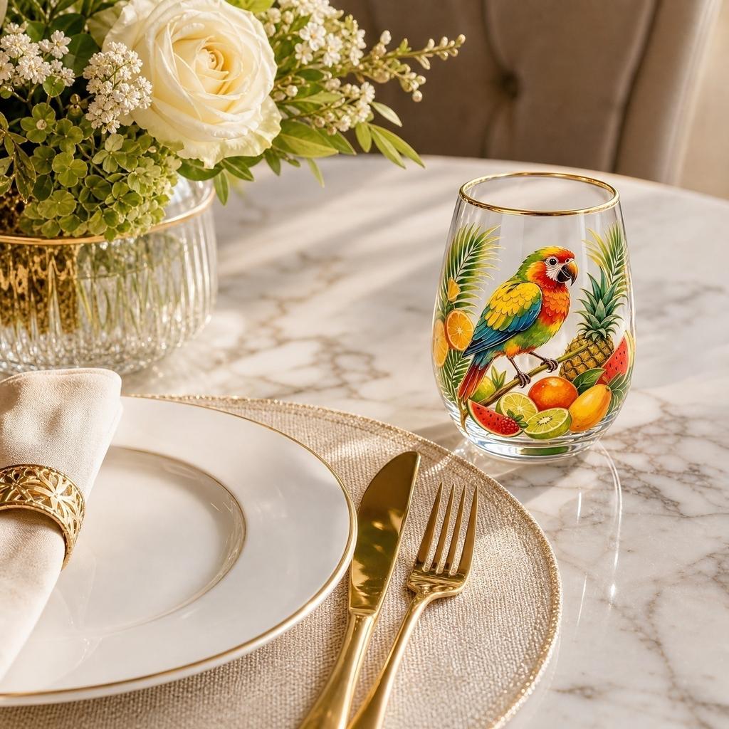 Glass Juice Cup with Tropical Fruit and Parrot Print Stemless Drinking Glass Suitable for Home Use Durable and Decorative Beverage Container