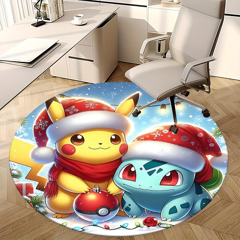 1pc Christmas Pikachu & Squirtle Anime Design Round Carpet - Office Chair Mat, Non-Slip Rug for Home Decor, Living Room, Bedroom