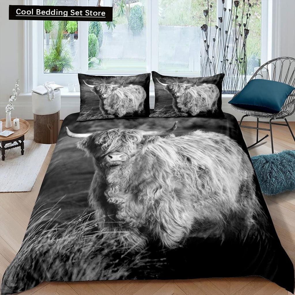 Highland Cow King Queen Duvet Cover Bull Bedding Set for Adults Cattle 2/3pcs Quilt Cover Farm Animal Polyester Comforter Cover