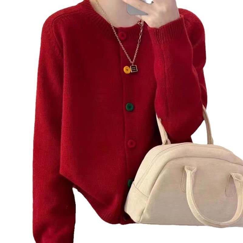 Simple New Design Color Button Round Neck Knitted Top Women's Loose Casual Jacket Top Women