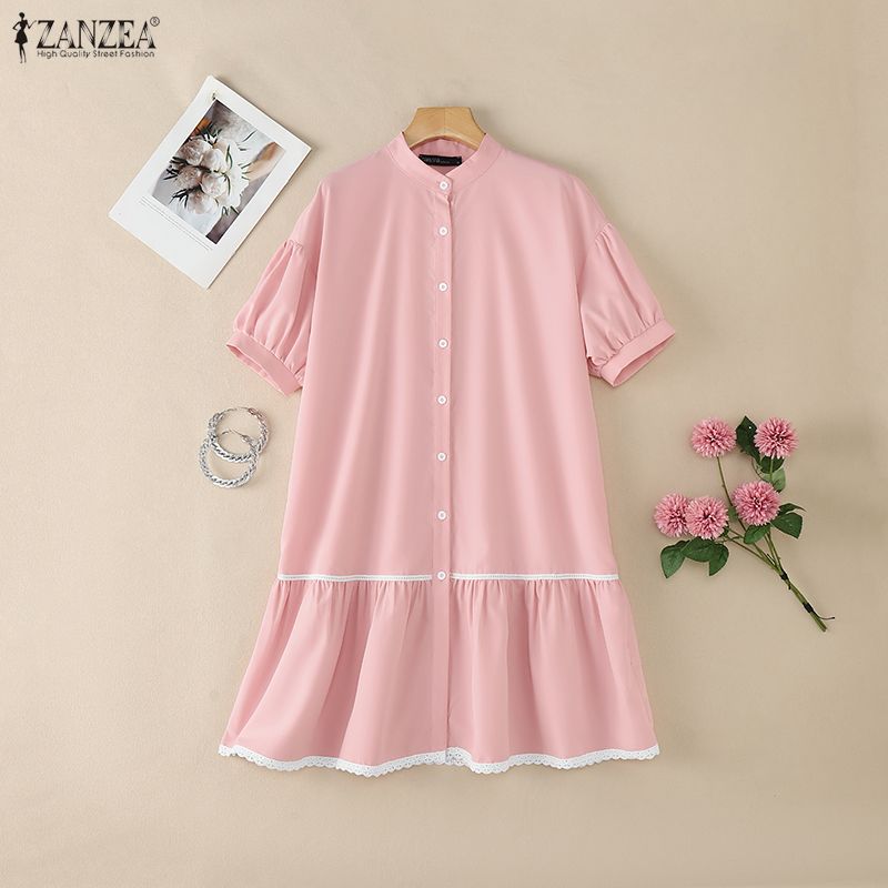 ZANZEA Women Stand Collar Summer Lace Splice Hem Loose Half Sleeve Dress