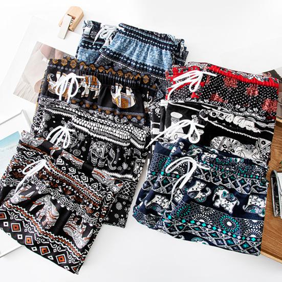 Women Casual Pants Wide Leg Elephant Print Elastic Waist Adjustable Drawstring Loose Fit Trousers Travel Work Daily Wear