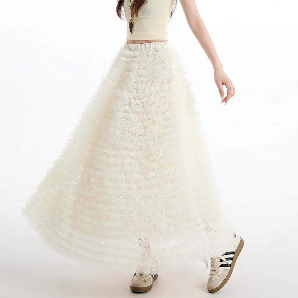Women's 2026 Spring High Waist A-line Layered Mesh Fluffy Skirt
