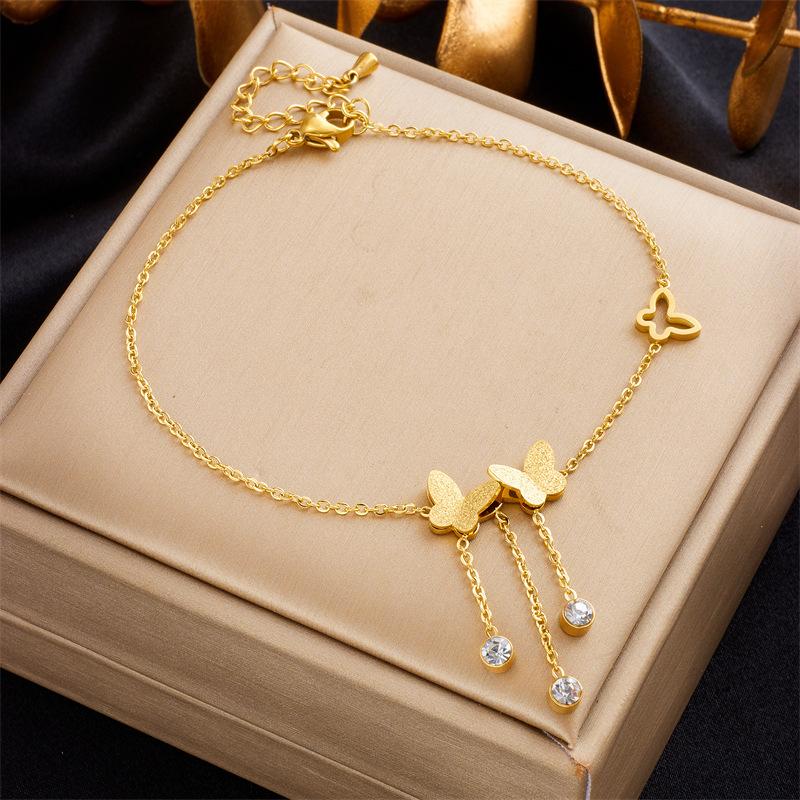 Gold Butterfly Anklet With Zircon Tassel