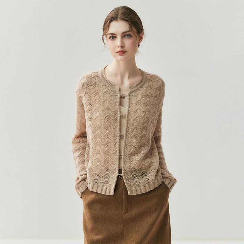 2025 A/W Women's Thick Knit Cashmere Cardigan – Hollow Round Neck Versatile Sweater
