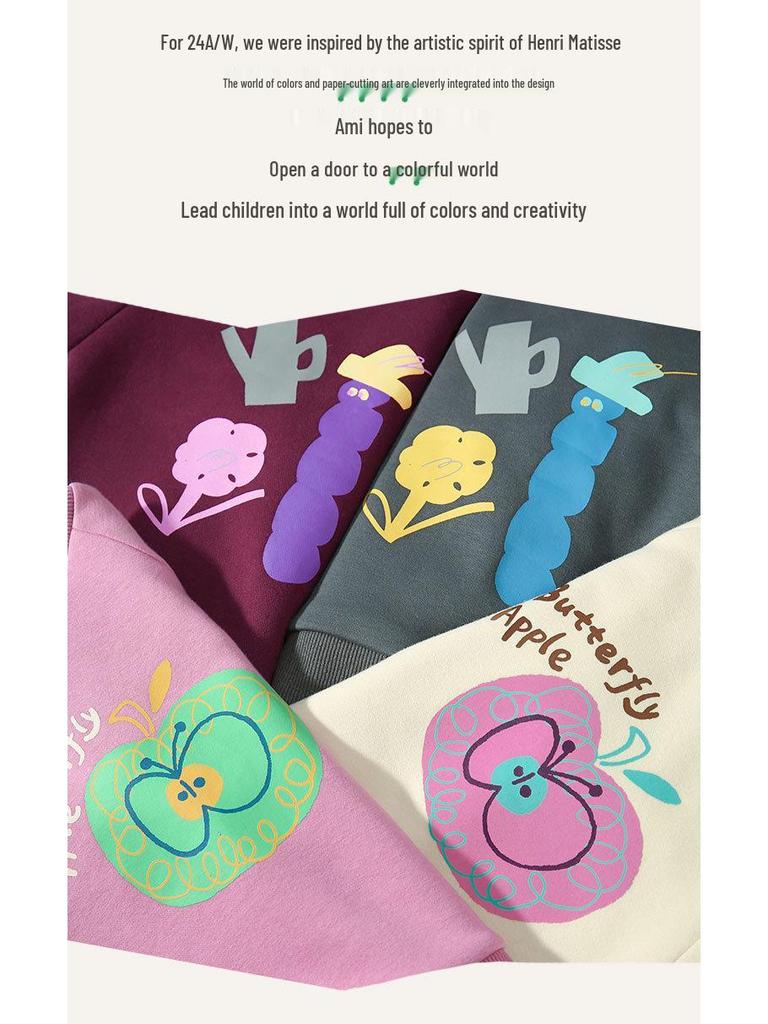 2025 Winter Kids' Fleece-Lined Cartoon Sweatshirt - Round Neck, Long Sleeve for Boys & Girls