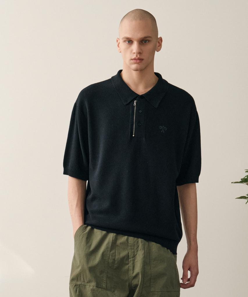HELEMENT Knit Zip-Up Collared Short Sleeve (Navy)
