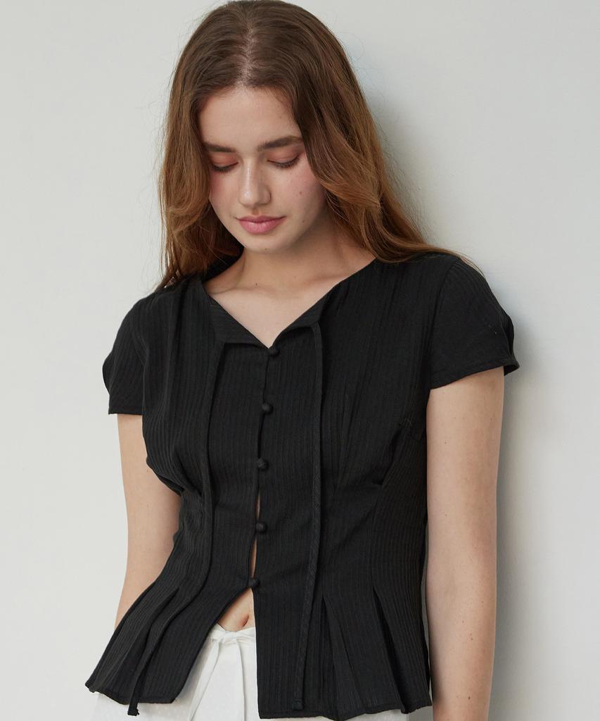 ITOV SEOUL Double Tuck Ribbon Cotton Blouse Black
